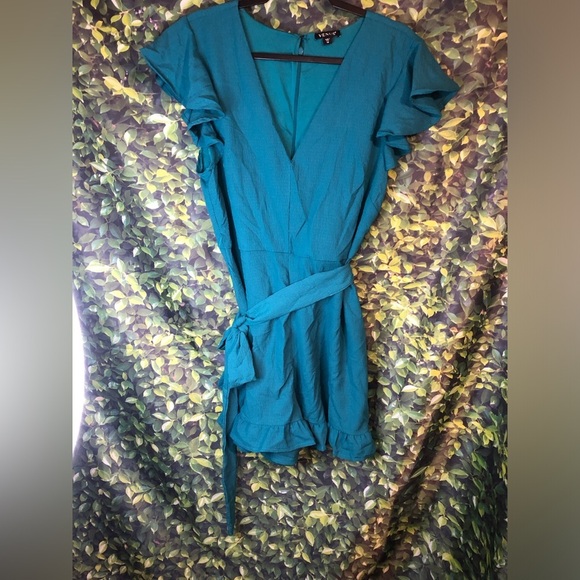 VENUS Teal Blue Wrap Romper with Flutter Sleeves - Picture 5 of 16